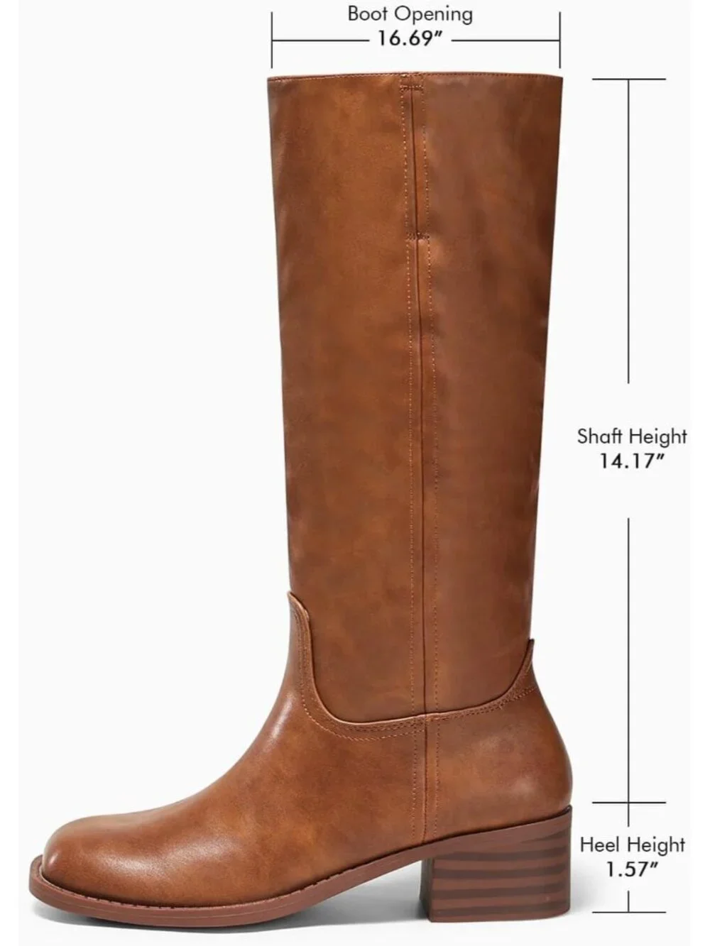 Women's Red Brown Square Toe Chunky Low Block Heel Comfortable Knee High Boots